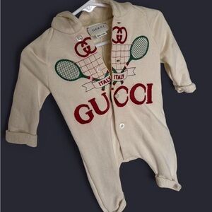 Gucci Cream Footed One-Piece with Red Logo and Green Tennis Motifs